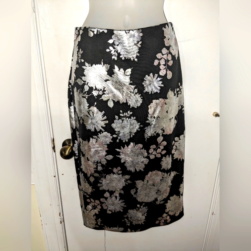 Vintage Y2K glam black midi silver floral stretch pencil skirt Small